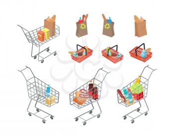 Variety of bags and trolleys where people can carry necessary products. Buying fresh vegetables, fruits, dairy products, fizzy water, bread and cookies in shopping mall. Vector illustration.