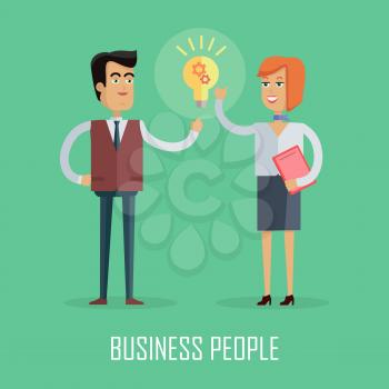 Business people concept vector in flat style design. Man and woman discuss conceptual idea as light bulb with gears. Illustration of business characters, work process, brainstorm infographics.