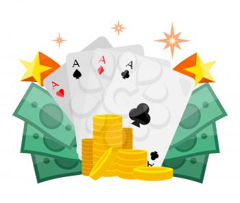 Poker concept vector web banner in flat style. Cards with aces, dollar bills, golden coins. For gambling online services ad, sport lottery services startups, landing page design. On green background