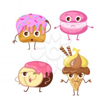 Sweets. Collections of different kinds of buns and ice cream. Round cupcake with pink topping and small confetti. Unhappy macaroon. Chocolate swiss roll. Ice cream cone with two sweet rolls. Vector