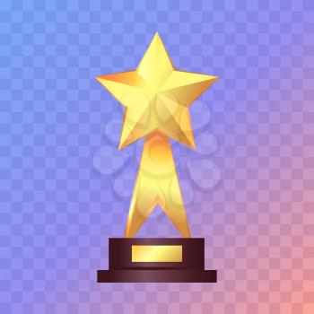 Best gold star trophy standing. Shiny, glossy prize with star on top and two offshoots. Little brown basement. Winning. Flat design. Vector illustration.