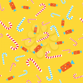 Christmas candies seamless pattern. Sweet bent striped lollipops, blue and red. Bonbon in colourful wrapper with bright stars. Cartoon design. Wallpaper design endless texture. Flat style. Vector