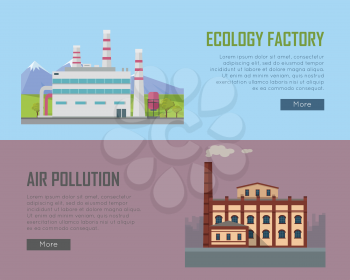 Ecology factory and air pollution plant banners. Eco factory in clean picturesque place and industrial factory in polluted city with smog, environmental problems. Destroying nature. Vector illustration