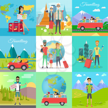Set of traveling vector concepts. Flat design. Auto stop, hiking, car travel with friends, family journey, traveling in old age, trip around the world illustrations. Tourists in different countries