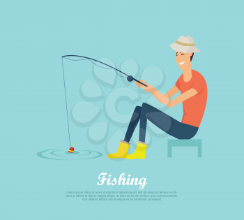 Fishing conceptual vector banner. Flat design. Smiling man in hat and gumboots sitting with fishing rod in hand on the river. Recreation near the water. For fishing hobby club, tourist company ad  