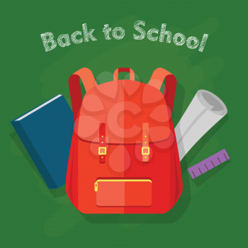 Back to school. Red backpack with one pocket. Yellow lock. School objects behind. Violet ruler, dark blue book, rolled white piece of paper. Illustration in cartoon style. Flat design. Vector