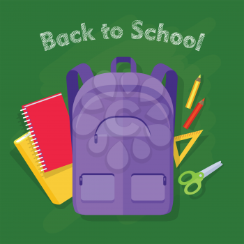Back to school. Violet backpack with pockets. Violet pieces of cloth. School objects behind. Yellow and red pencils, book and notebook, scissors. Illustration in cartoon style. Flat design. Vector