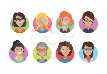 Woman face emotive icons. Smiling cute female characters of all ages flat vector illustrations isolated on white. Happy girl, lady, granny psychological portraits. Positive emotions user avatars