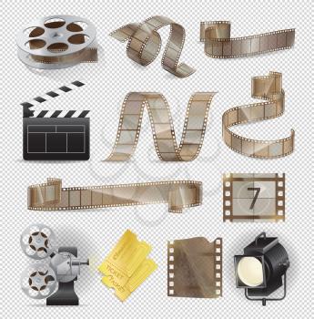 Movie equipments colourful vector collection. Poster of celluloid types, lightning searchlight, paper tickets and other traditional elements set for film making and watching on transparent background