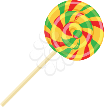 Caramel striped candy on stick isolated vector. Funny sweet cartoon lolly confectionery illustration in flat design. Bonbon sweetmeat sweet stuff lollipop. Delicious colorful spiral dessert
