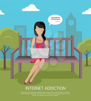 Internet addiction banner. Woman whis laptop sitting on wooden bench in the park. Woman with dialog window. Woman using laptop. Urban cityscape with woman, park, bench, trees, blue sky and clouds.