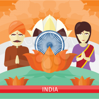 India travelling banner. Landscape with traditional Indian landmarks. Nature and architecture. Lotus Temple flowerlike shape and flower. Buddhism. Part of series of travelling around world. Vector