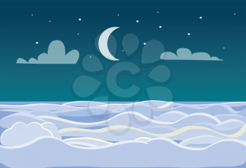 Winter scenery of field on dark night background. Bright stars and moon are on sky. A lot of snow make an illusion of white waves at sea or ocean. Inhabited area under firmament vector illustration