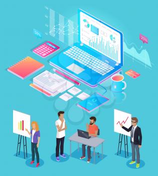 Digital analytics people giving information in visual form. Presenter boss and worker set isometric 3d. Laptop and books, calculator and charts vector