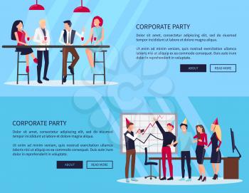 Celebration of company s success, people in office with whiteboard and table and in club with red lamps and light vector illustration