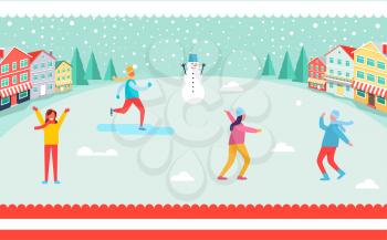 Wintertime and skiing people, snowman and trees, buildings and snowflakes, boys and girls having fun, poster and frame on vector illustration