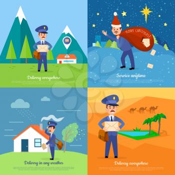 Delivery service web banners set with cartoon postman. Smiling postal courier delivers letters in stormy weather, in distant places in desert and mountains, on Christmas flat vector illustrations