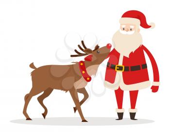 Reindeer and Santa isolated on white. Santa strokes his friend head. Saint Nicolas favourite pet. Brown deer and fairy character in cartoon style. Editable elements in flat design vector illustration