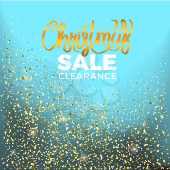 Christmas sale clearance colorful advert surrounded by shiny golden confetti. Vector illustration of holiday offer on turquoise background