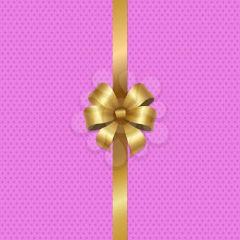 Tied gold bow with ribbon in center of vector illustration isolated on pink background with dots. Decorative element for wrapping paper, gift card