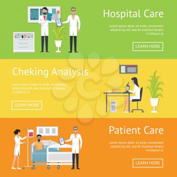 Hospital care after patient and checking analysis services advert with doctors, patients and nurse. Vector illustration with hospital and laboratory equipment