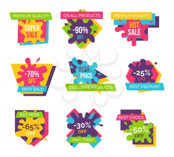 Premium quality -90 off, exclusive products and best discounts, set of colorful labels with headlines on vector illustration isolated on white