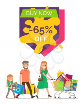 Buy now -65 off, promo poster representing headline above and image of people with cart and bags below vector illustration isolated on white
