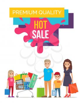 Premium quality hot sale, unique poster depicting mom and dad, son and daughter with bags and cart, headline on vector illustration