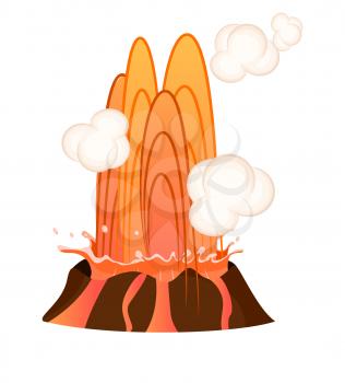 Strong jet of hot lava going down to bottom of volcano, white clouds isolated. Erupting rock pinnacle volcano disaster with burning fire. Vector illustration of geological formations in cartoon style