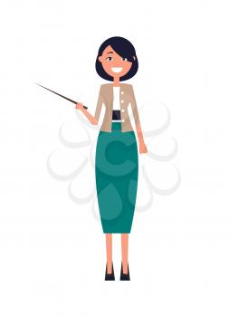 Woman in long green skirt and jacket, pointer in hands vector illustration of executive manager or teacher professor isolated secretary in cartoon style