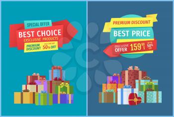 Hot price and super offer set with banners and text. Promo posters and gifts heart shaped present box with ribbon. Best choice only one day vector