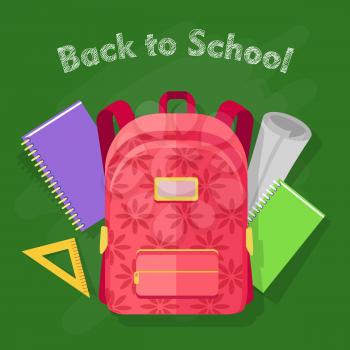 Back to school. Red backpack with flower print and one pocket. School objects behind. Yellow ruler, green and violet notebooks, rolled white piece of paper. Cartoon style. Flat design. Vector