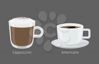Coffee cups with Cappuccino and Americano on grey background with name text under each cup. Kinds of Italian coffee. Minimalist isolated vector illustration of hot beverages for coffee shops and cafes