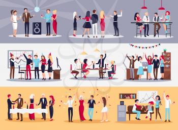 Corporate parties vector illustrations set. People drink alcohol, dance, throw confetti, chat with each other and celebrate successful work.