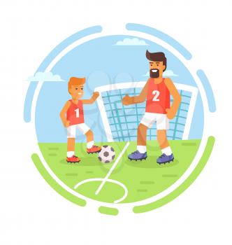 Father and son playing with ball on football field isolated in round circle. Family sport happy fathers day poster with son and dad play outdoor games