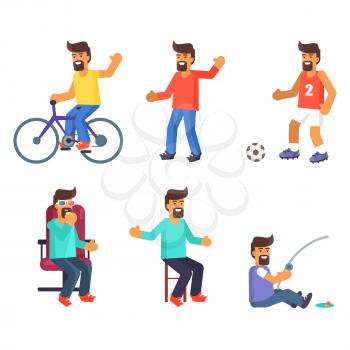 Cheerful man lives active life. Male rides a bike, entertain in cinema, plays football, catches fish and tells stories set of vector illustrations on white background