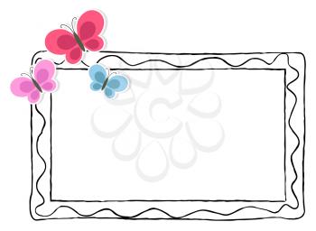 Black and white rectangular photo frame with colorful butterflies isolated on white. Decorative framework vector illustration