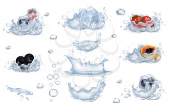 Water splashes and drops, fresh strawberry, ripe blueberry and cut papaya and berries in ice cubes vector illustrations set.