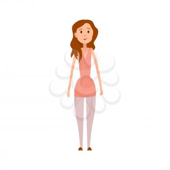 Pretty girl with long wavy hair in peach tunic, pink leggins and brown shoes isolated cartoon vector illustration on white background.