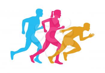 Colorful silhouettes of running men and woman on white. Vector illustration of sportsmen in motion in cartoon style flat design. Fast movement and healthy lifestyle logotype icons of people.