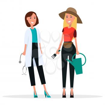Doctor in white coat and gardener in brown hat, vector illustration. Grower holds garden fork and water can. Internist with medical stethoscope