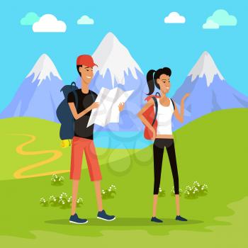 Tourist hiking in mountains. Young couple of tourists standing on Alpine meadow against the backdrop of mountain peaks in the distance flat vector illustration. For outdoor recreation concepts