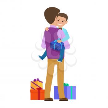 Smiling small boy holding gift box sits on father s hands and present boxes on floor. Vector illustration of child getting present from parent on holidays. Happy and surprising life moments.