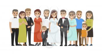 Wedding guests group portrait. Smiling newlyweds with closest relatives and best friends standing together flat vector isolated on white. Happy family illustration for marriage celebrating concepts