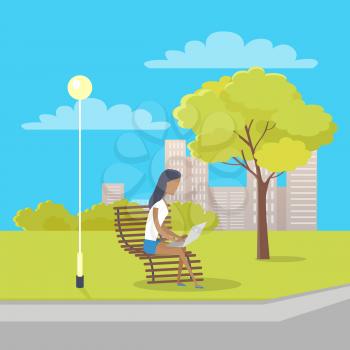 Woman in white T-shirt and jeans skirt with laptop on her knees sits on bench near tree and streetlight in city park. There is also bushes, clouds and skyscrapers on background vector illustration.