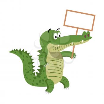 Cute cartoon crocodile with empty signboard isolated on white background. Cute big reptile vector illustration. Drawn friendly croc with eyebrows and board with place for your text flat design.
