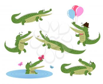 Funny cartoon crocodiles in natural position, on hind legs, in water with butterflies and with balloons in hat and bow tie isolated on white background. Friendly reptiles vector illustration.
