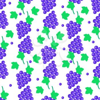 Seamless pattern with blue grapes bundles and green leaves.Tasty juicy grape bunches endless texture with fruits a isolated on white. For kitchen wallpaper, wrapping paper or fabric for children
