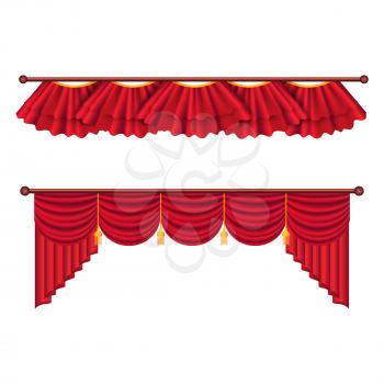 Red Curtains Set. Two theater curtains illustration isolated on white background. Luxury scarlet curtains and draperies. Theatre, banquet and concert hall decorations. Isolated vector illustration.