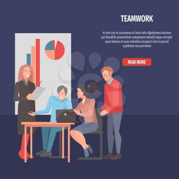 People resolving issues on black laptop teamwork isolated on dark. Vector illustration of men and women sitting and standing at table with open notebook, white poster with color graphs located behind.